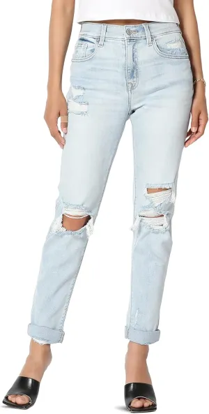 TheMogan Women's Distressed Destructed Washed Denim Mid~High Rise Relaxed Boyfriend Jeans