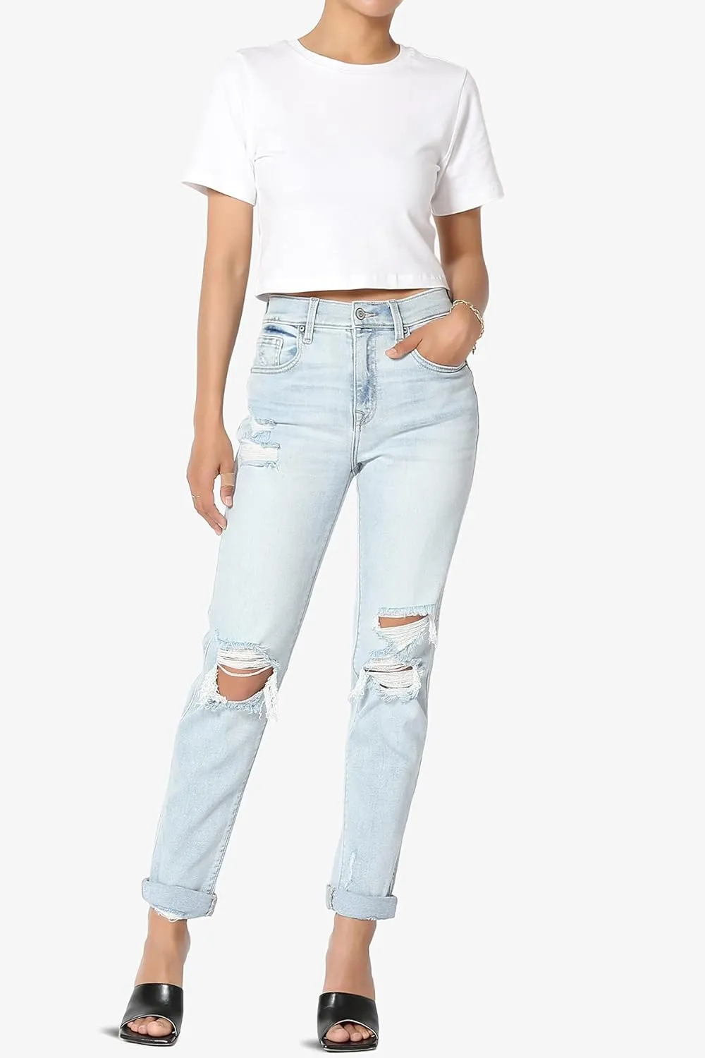 TheMogan Women's Distressed Destructed Washed Denim Mid~High Rise Relaxed Boyfriend Jeans