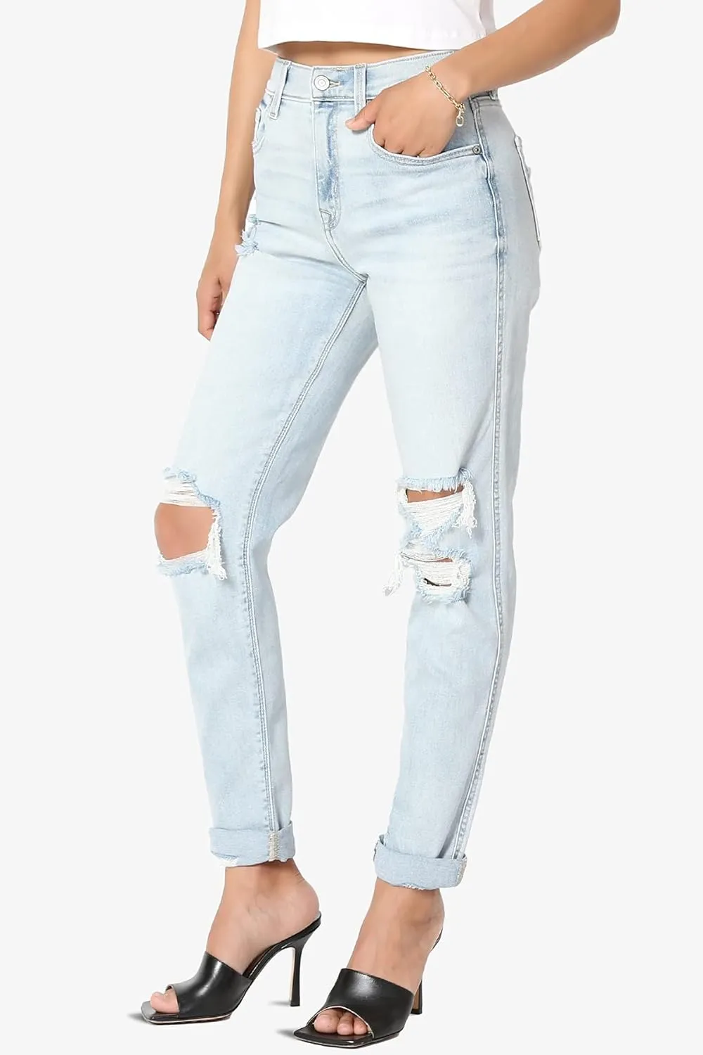 TheMogan Women's Distressed Destructed Washed Denim Mid~High Rise Relaxed Boyfriend Jeans