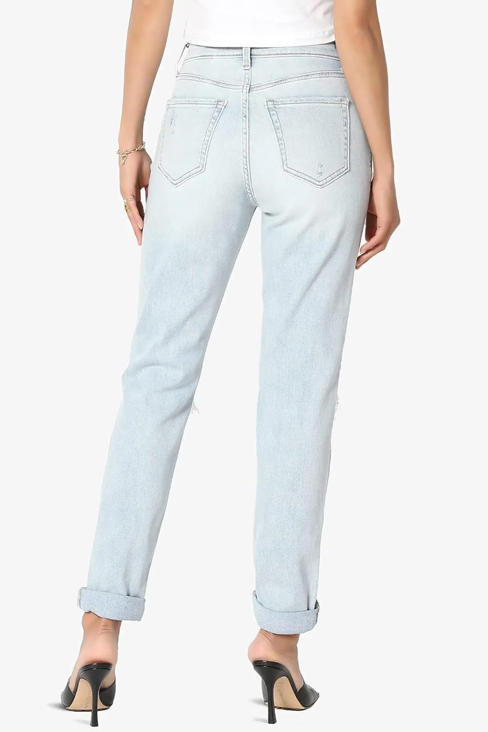 TheMogan Women's Distressed Destructed Washed Denim Mid~High Rise Relaxed Boyfriend Jeans