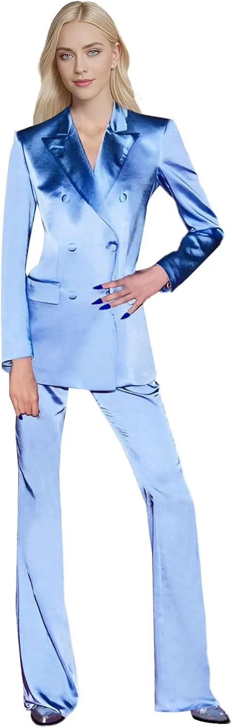 TIANMEI 2 Piece Womens Satin Suit Double Breast Suits for Women Casual Dressy Outfits Slim Fit Jacket Pant Womens' Tuxedo Set