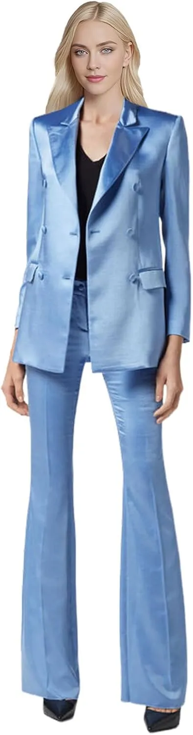 TIANMEI 2 Piece Womens Satin Suit Double Breast Suits for Women Casual Dressy Outfits Slim Fit Jacket Pant Womens' Tuxedo Set