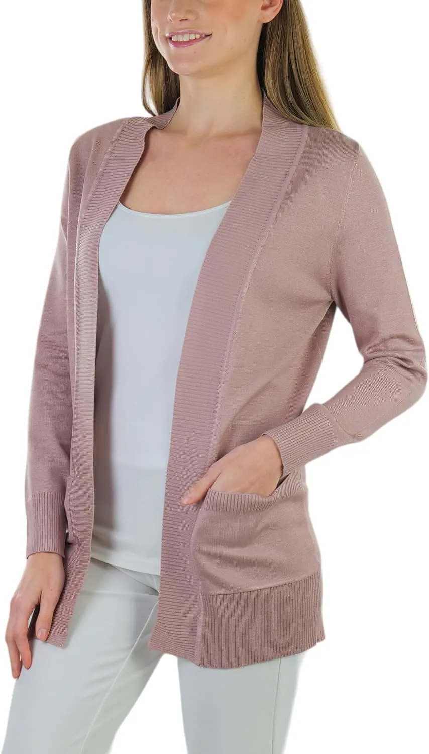 ToBeInStyle Women's Long Sleeve Rib Banded Open Sweater Cardigan