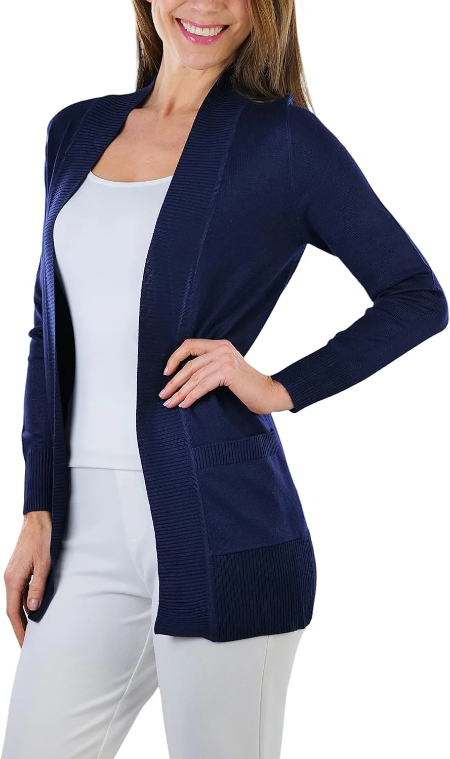 ToBeInStyle Women's Long Sleeve Rib Banded Open Sweater Cardigan