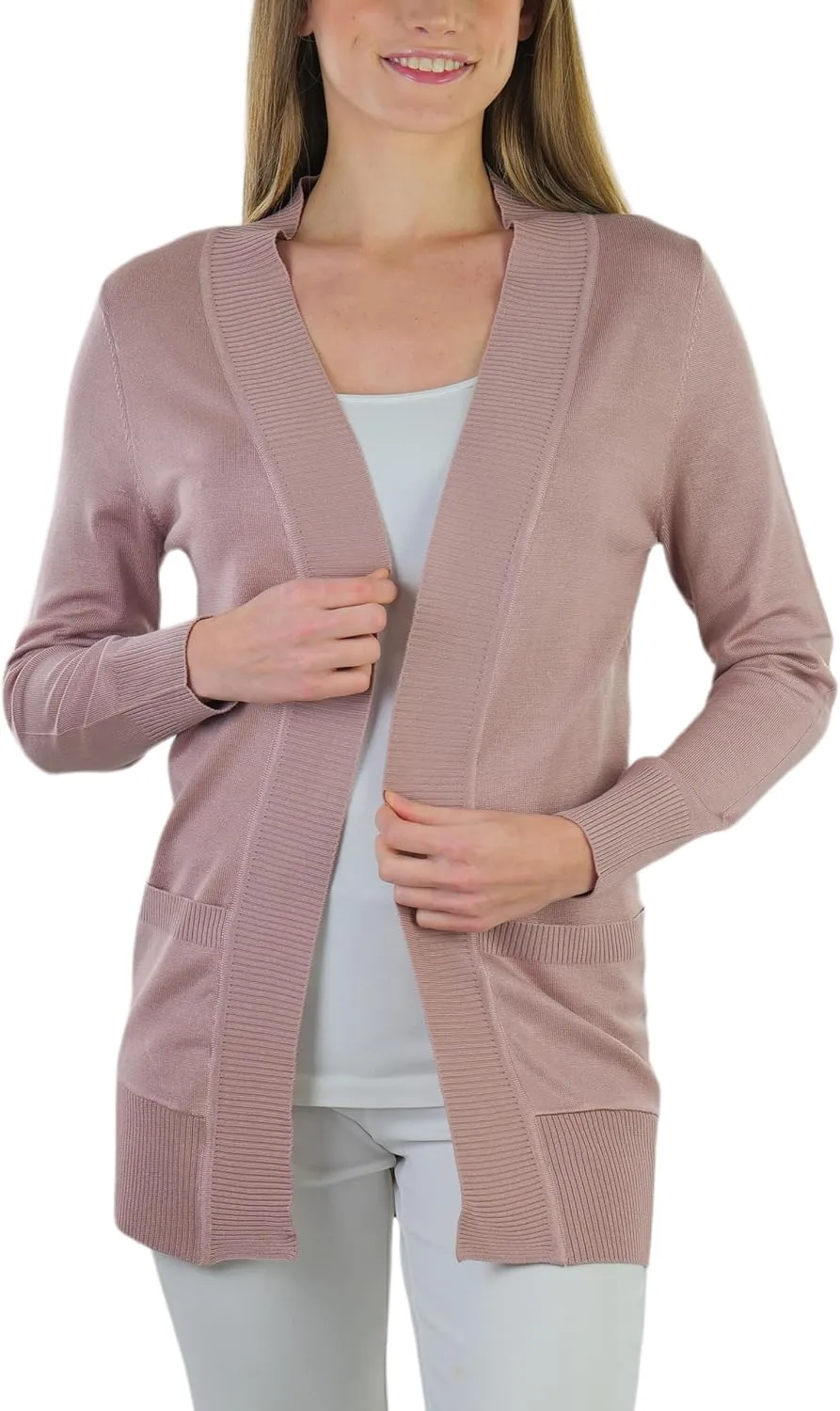 ToBeInStyle Women's Long Sleeve Rib Banded Open Sweater Cardigan