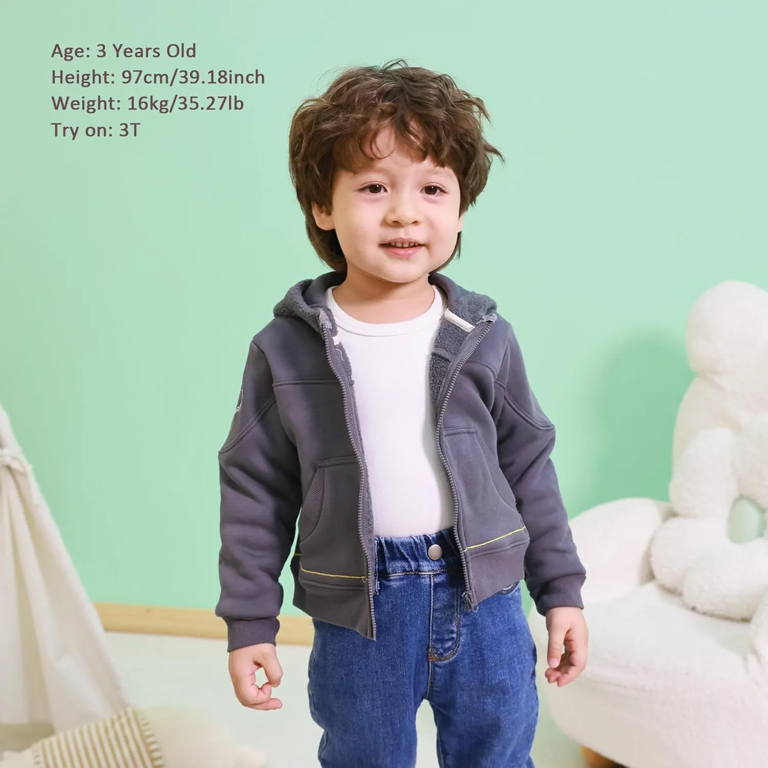 Toddler Boys Girls Fleece Zip-Up Hoodie Solid Color Hooded Jacket for little Kids