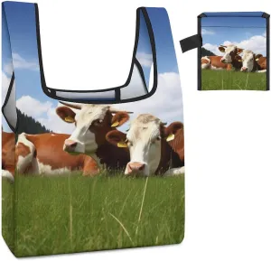 Tote Bag Reusable Grocery Bag Foldable Shopping Bag Cute Cows Relaxed On Grass Extra Large Shoulder Bag Canvas Tote Bag for Travel Work