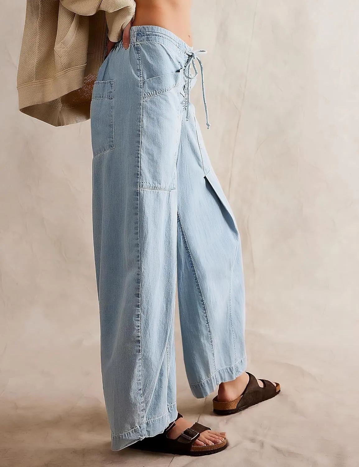 TQD Wide Leg Barrel Jeans for Women Trendy 2025 Mid Rise Baggy Boyfriend Y2K Drawstring Denim Pants with Pockets Relaxed Fit