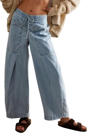 TQD Wide Leg Barrel Jeans for Women Trendy 2025 Mid Rise Baggy Boyfriend Y2K Drawstring Denim Pants with Pockets Relaxed Fit