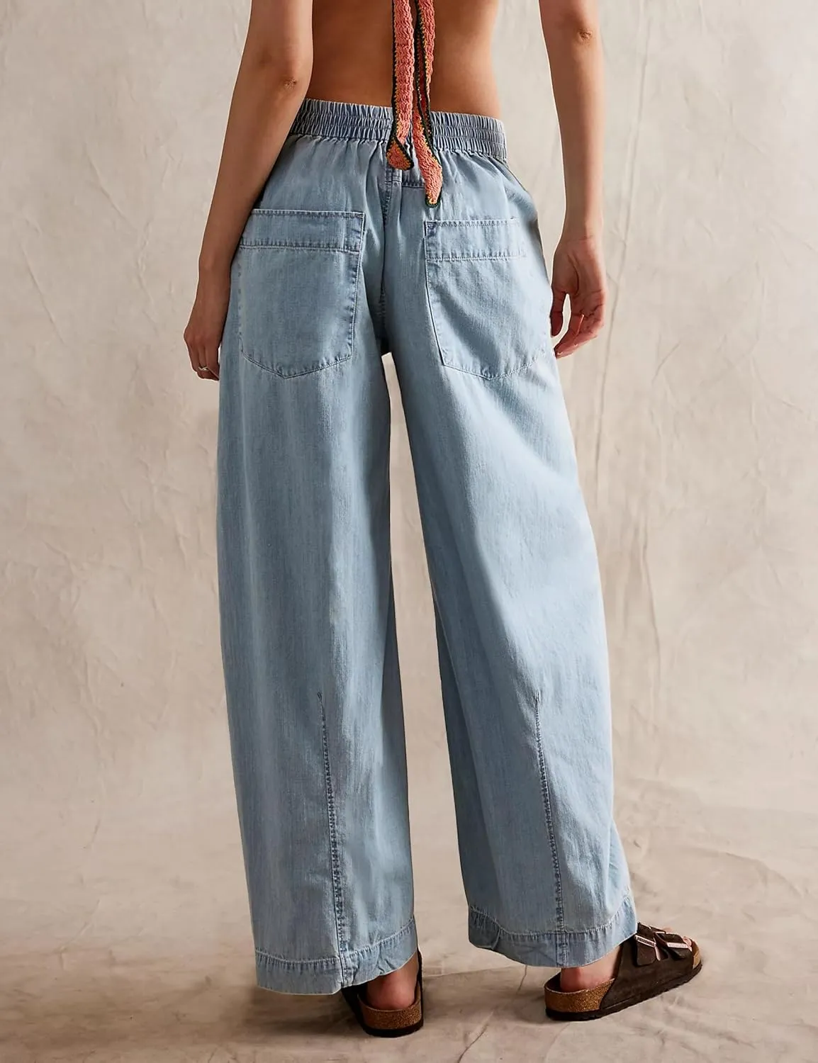 TQD Wide Leg Barrel Jeans for Women Trendy 2025 Mid Rise Baggy Boyfriend Y2K Drawstring Denim Pants with Pockets Relaxed Fit