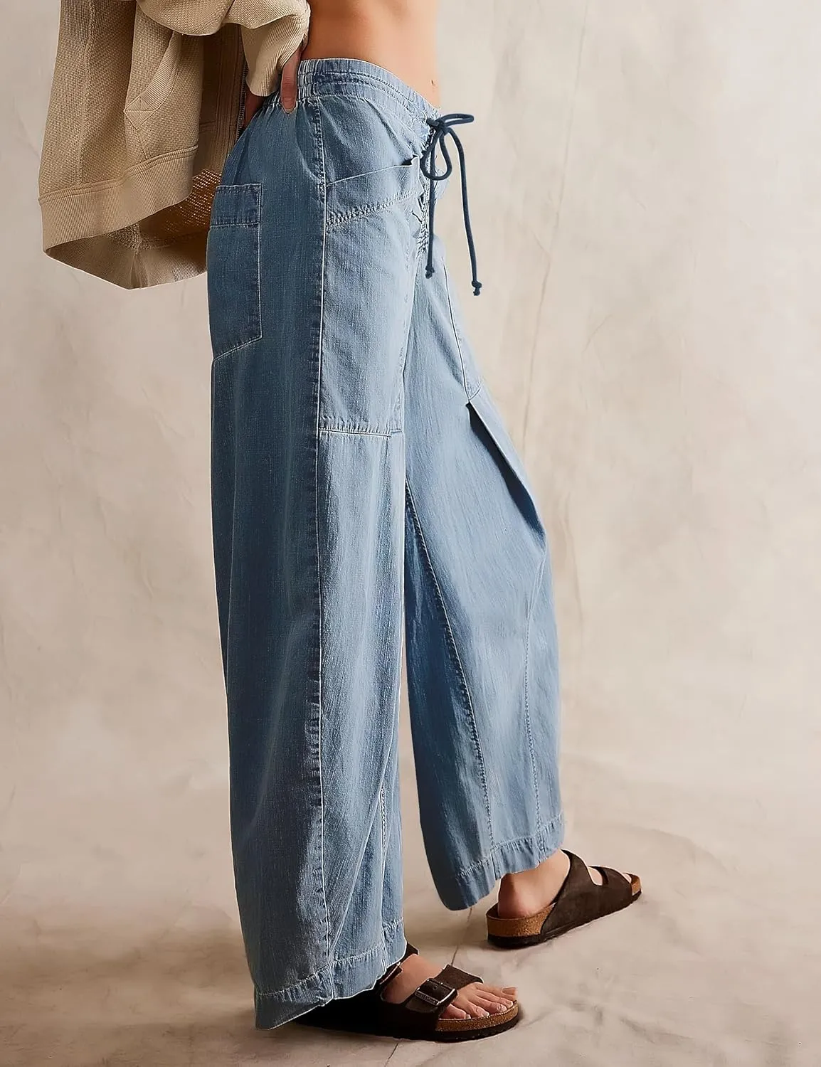 TQD Wide Leg Barrel Jeans for Women Trendy 2025 Mid Rise Baggy Boyfriend Y2K Drawstring Denim Pants with Pockets Relaxed Fit