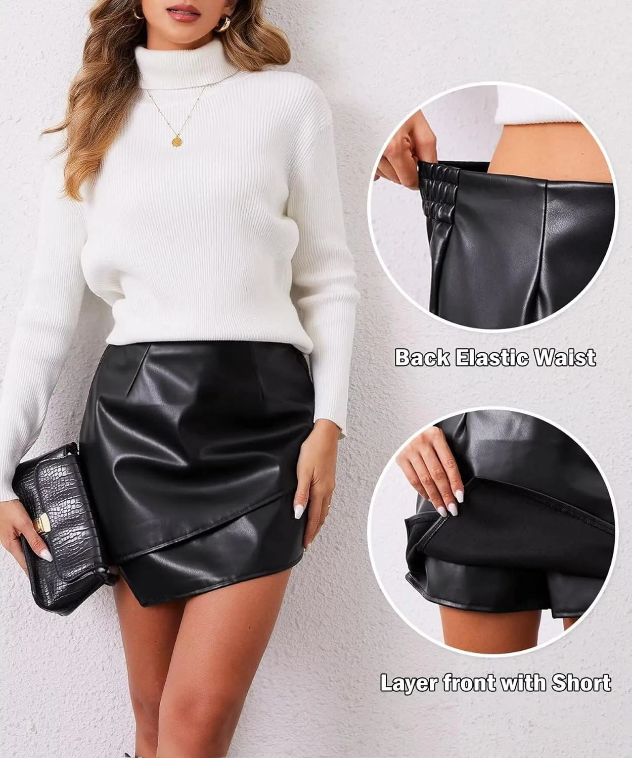 TZLDN Women's Faxu Leather Skorts High Waisted Wrap Pleather Shorts A-line Asymmetrical Split Hem PU Dressy Mini Skirt