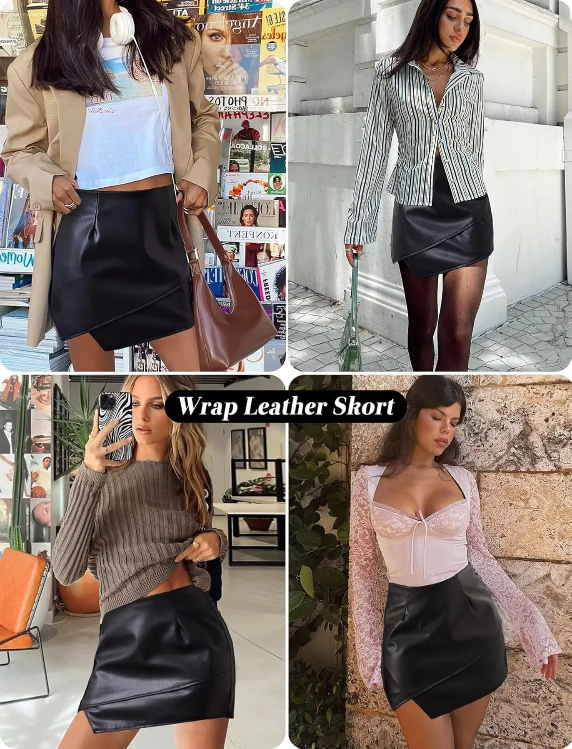 TZLDN Women's Faxu Leather Skorts High Waisted Wrap Pleather Shorts A-line Asymmetrical Split Hem PU Dressy Mini Skirt