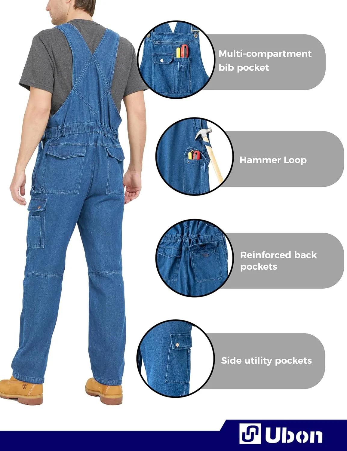 Ubon Denim Bib Overalls for Men Relaxed Fit Work Jeans Workwear