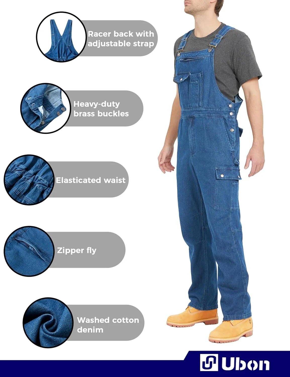 Ubon Denim Bib Overalls for Men Relaxed Fit Work Jeans Workwear
