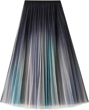 Unique Tulle Skirt Elegant Gradient Pleated Mesh Midi Skirts Elastic High Waist Swing Chiffon Skirts for Women and Girls