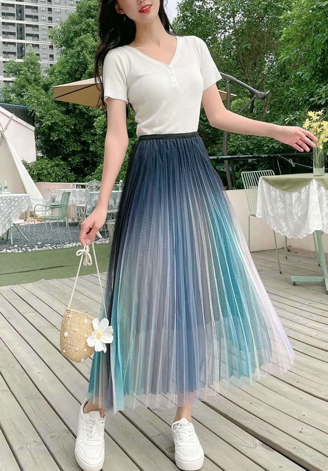 Unique Tulle Skirt Elegant Gradient Pleated Mesh Midi Skirts Elastic High Waist Swing Chiffon Skirts for Women and Girls