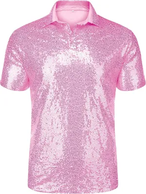 URRU Men's Relaxed Short Sleeve Turndown Sparkle Sequins Polo Shirts 70s Disco Nightclub Party Shirt Top