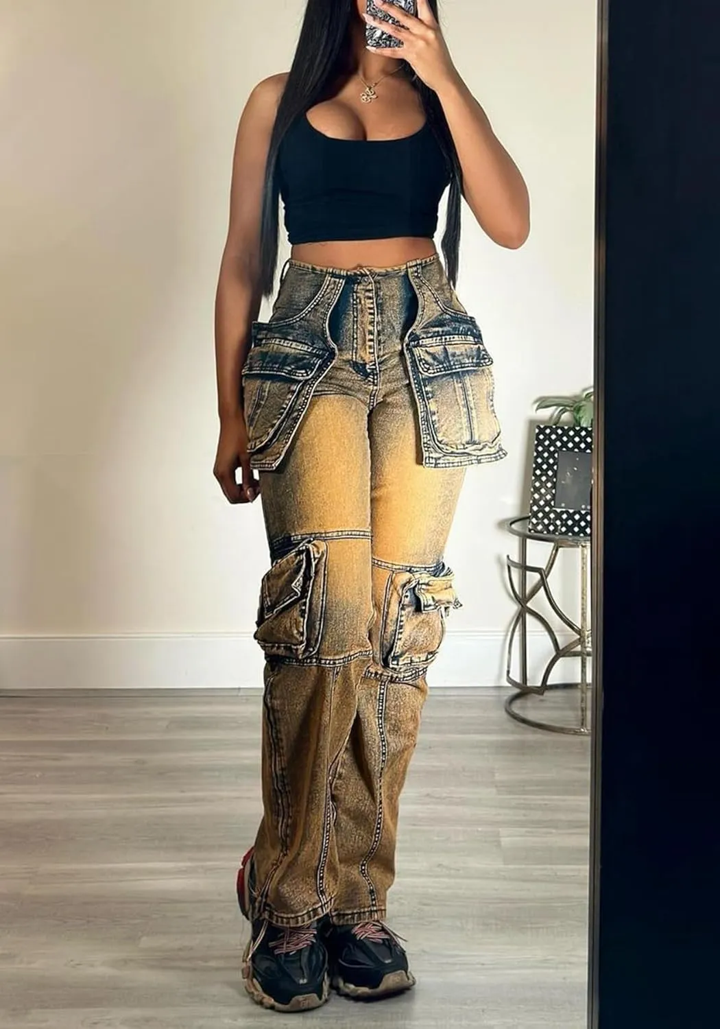 Vakkest Denim Cargo Jeans for Women High Waisted Loose Baggy Straight Wide Leg Stretch Pants Y2K Streetwear with Flap Pockets