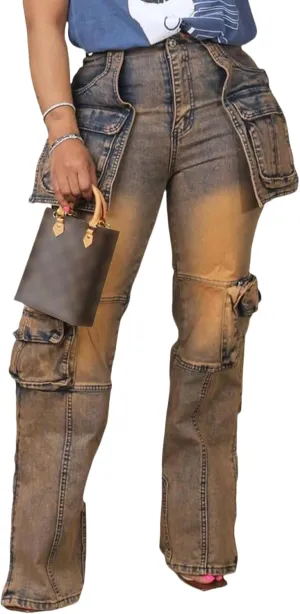 Vakkest Denim Cargo Jeans for Women High Waisted Loose Baggy Straight Wide Leg Stretch Pants Y2K Streetwear with Flap Pockets