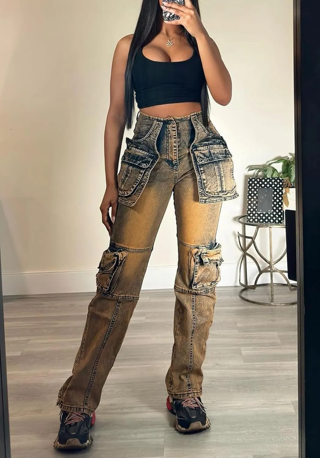 Vakkest Denim Cargo Jeans for Women High Waisted Loose Baggy Straight Wide Leg Stretch Pants Y2K Streetwear with Flap Pockets