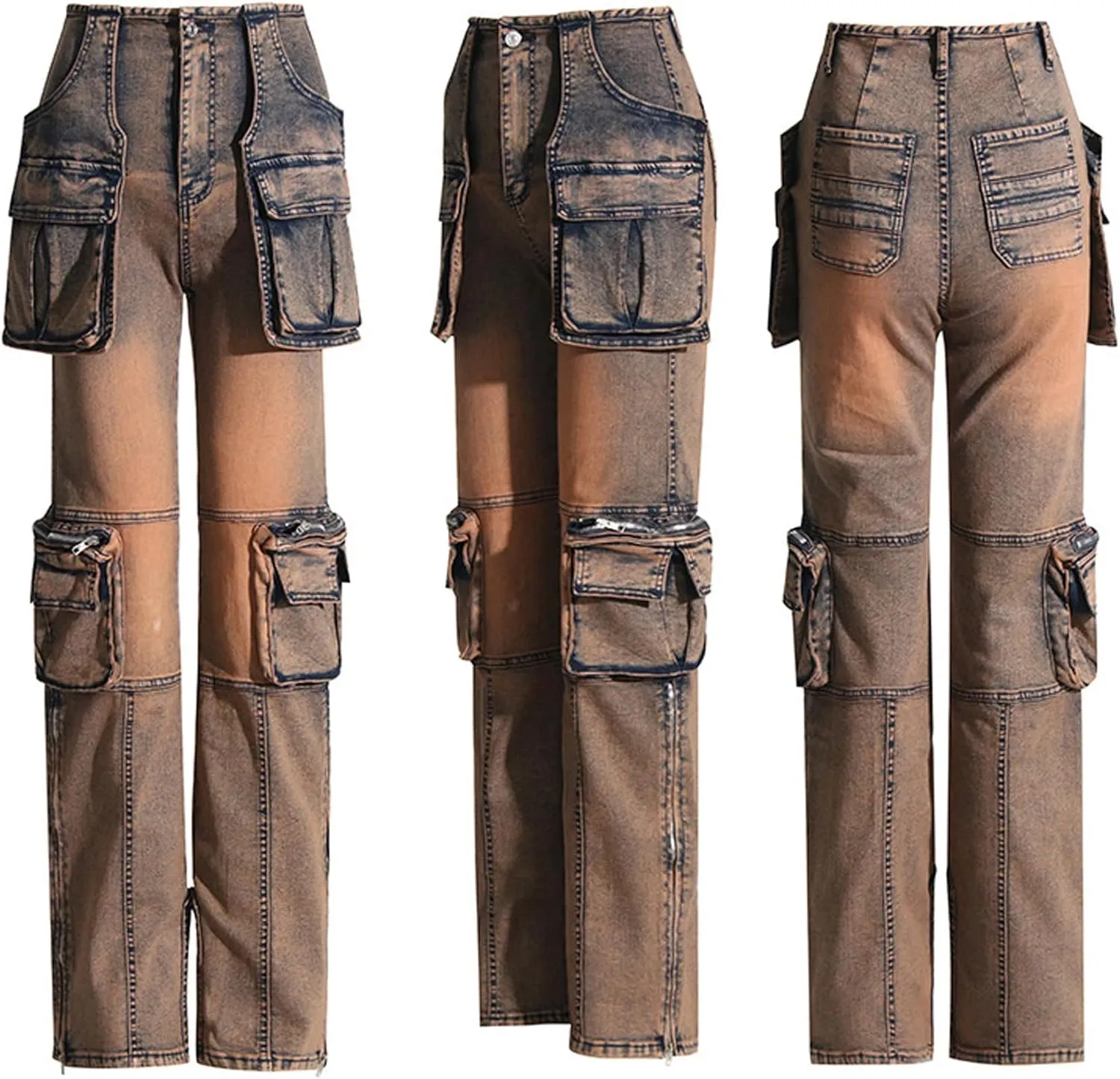 Vakkest Denim Cargo Jeans for Women High Waisted Loose Baggy Straight Wide Leg Stretch Pants Y2K Streetwear with Flap Pockets