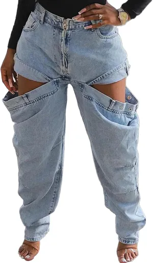 Vakkest Women's Baggy Denim Jeans Patchwwork Pants High Cutout Straight Wide Leg Stretchy Ripped Pants Y2K Streetwear