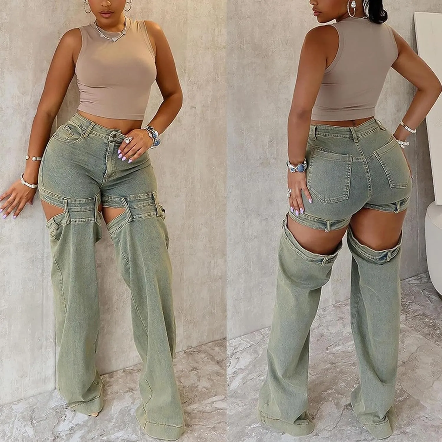 Vakkest Women's Baggy Denim Jeans Patchwwork Pants High Cutout Straight Wide Leg Stretchy Ripped Pants Y2K Streetwear