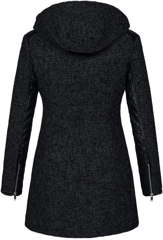 VearFit Women's Zipper look Wool Trench Coat Blend Pea Woolen Full length Black Blazer