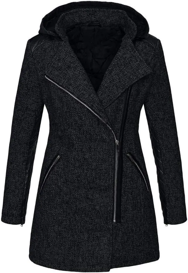 VearFit Women's Zipper look Wool Trench Coat Blend Pea Woolen Full length Black Blazer
