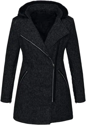VearFit Women's Zipper look Wool Trench Coat Blend Pea Woolen Full length Black Blazer