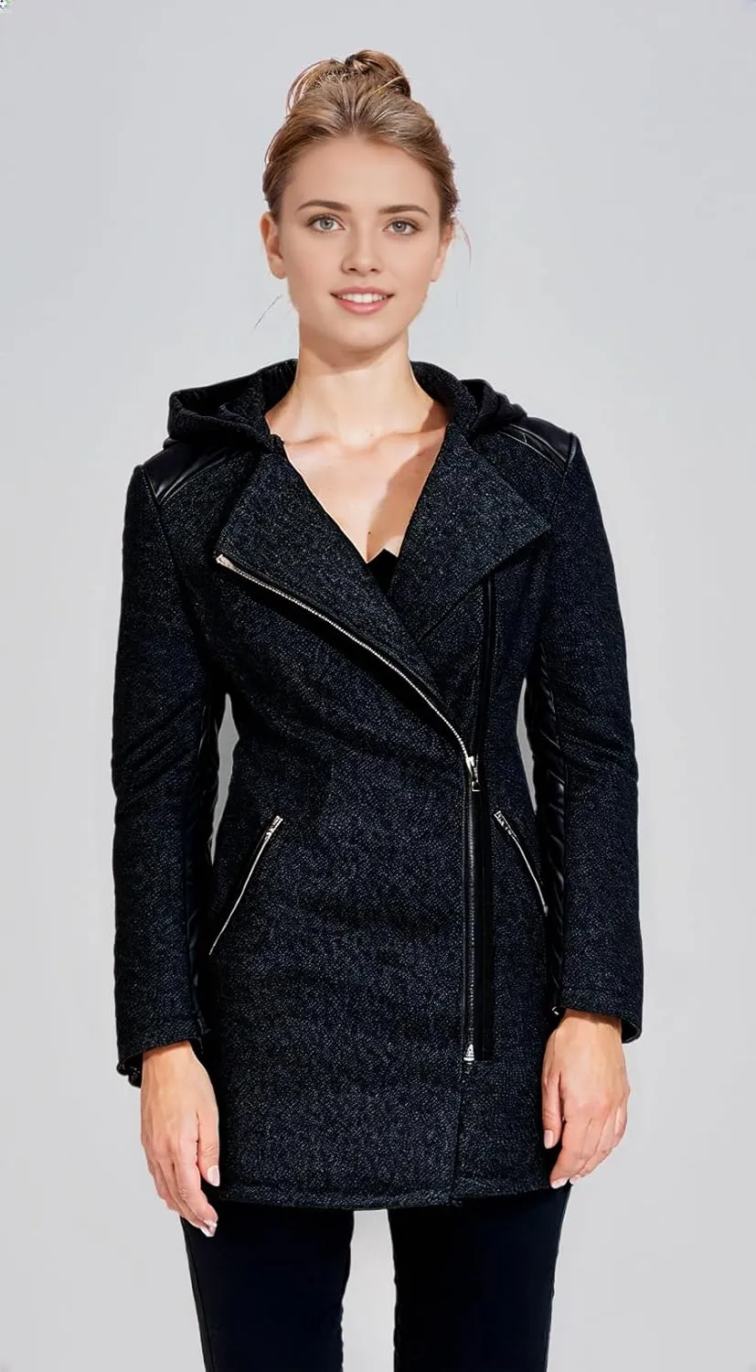VearFit Women's Zipper look Wool Trench Coat Blend Pea Woolen Full length Black Blazer