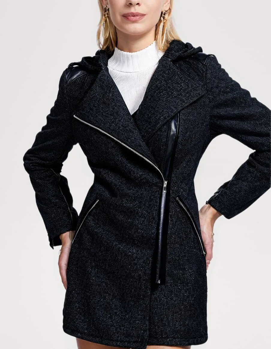 VearFit Women's Zipper look Wool Trench Coat Blend Pea Woolen Full length Black Blazer