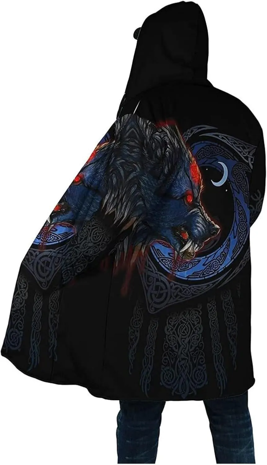 Viking Fenrir Wolf Tattoo Faux Cashmere Hooded Coat, Ragnarok 3D Full Print Winter Warm Coat, Parka horn buckle Casual Jacket