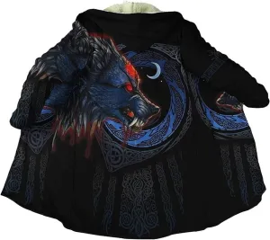 Viking Fenrir Wolf Tattoo Faux Cashmere Hooded Coat, Ragnarok 3D Full Print Winter Warm Coat, Parka horn buckle Casual Jacket