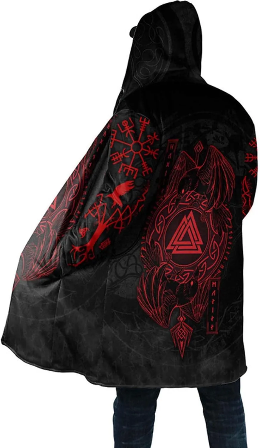 Viking Tattoo Men's Winter Warm Hooded Cloak Jacket Nordic Mythology Cashmere Coat Parka Odin Fenrir Wolf Valknut Amulet