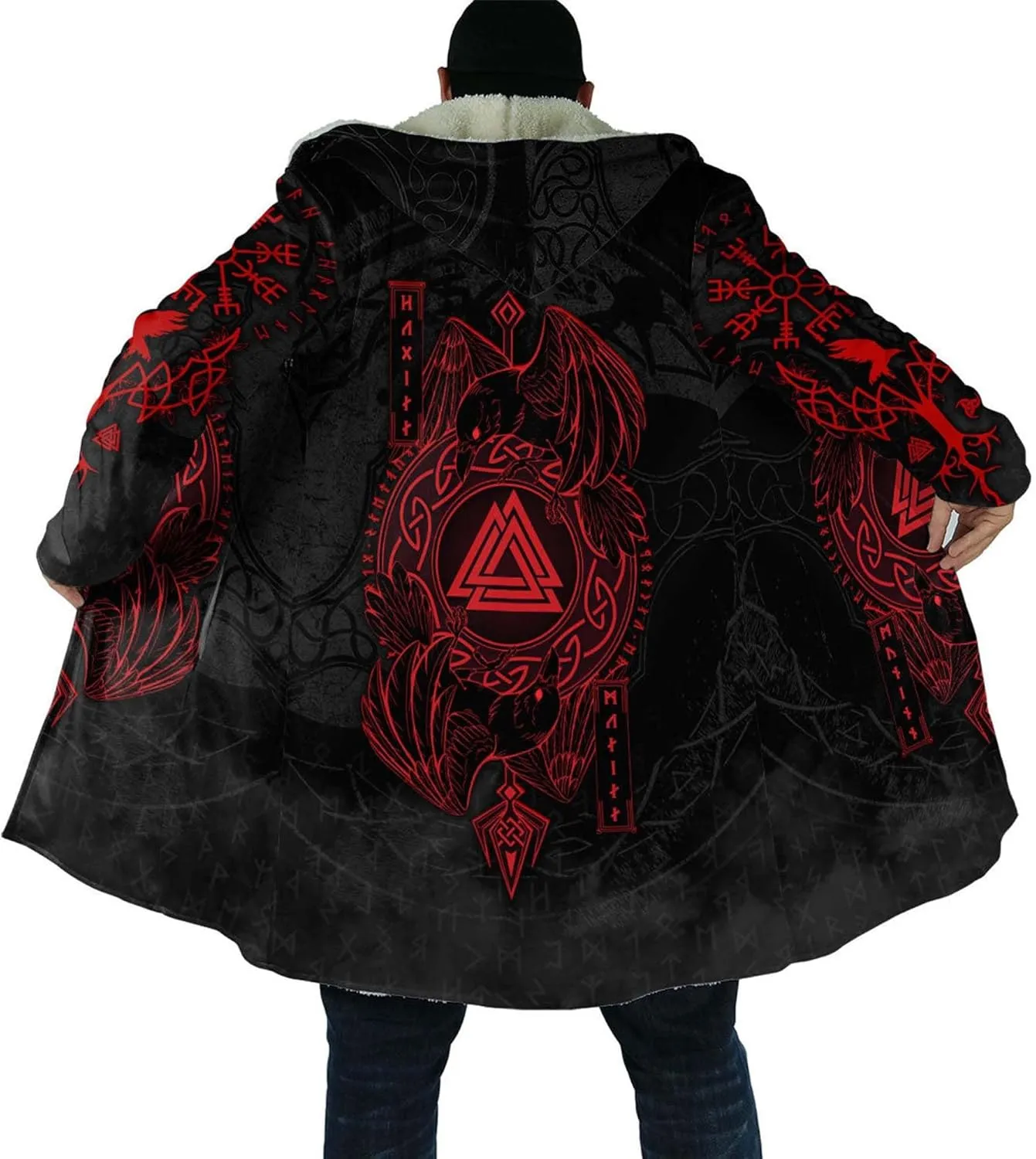 Viking Tattoo Men's Winter Warm Hooded Cloak Jacket Nordic Mythology Cashmere Coat Parka Odin Fenrir Wolf Valknut Amulet