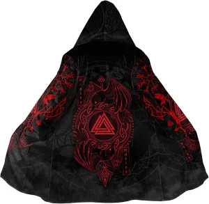 Viking Tattoo Men's Winter Warm Hooded Cloak Jacket Nordic Mythology Cashmere Coat Parka Odin Fenrir Wolf Valknut Amulet