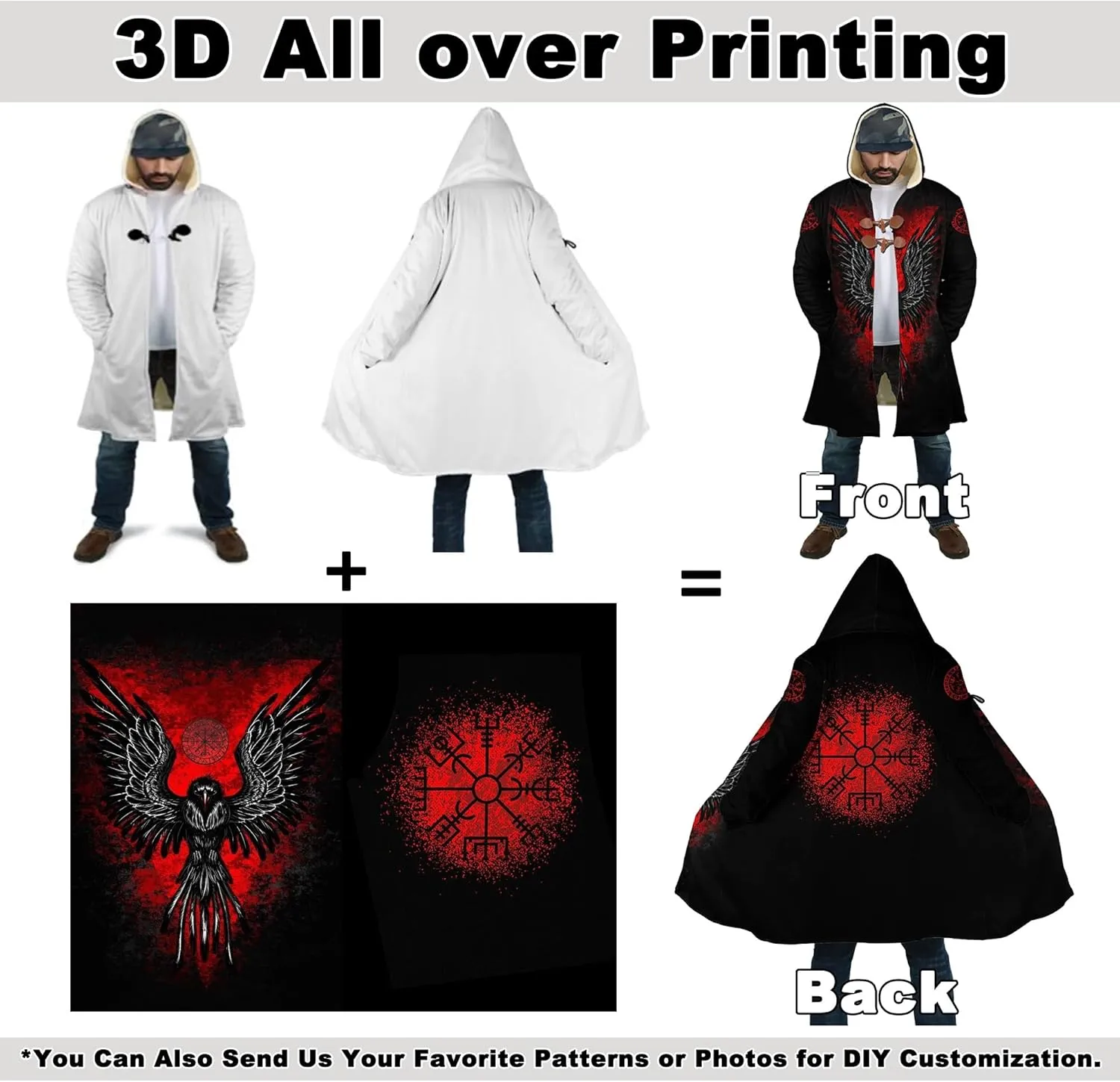 Viking Tattoo Men's Winter Warm Hooded Cloak Jacket Nordic Mythology Cashmere Coat Parka Odin Fenrir Wolf Valknut Amulet