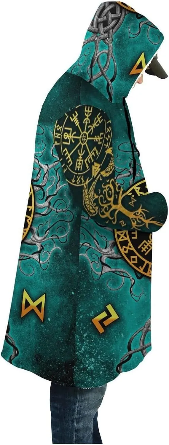 Viking Tree of Life Men's Hooded Cloak, Web of Destiny Tattoo Winter Warm Cashmere Coat, Horn Buckle Parka Casual Jacket Robe