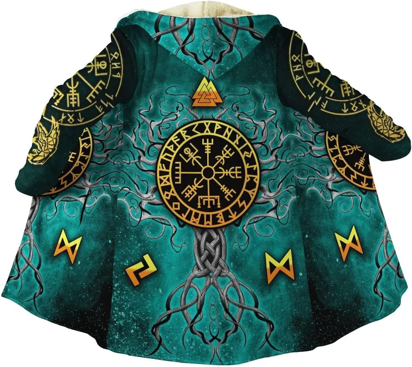 Viking Tree of Life Men's Hooded Cloak, Web of Destiny Tattoo Winter Warm Cashmere Coat, Horn Buckle Parka Casual Jacket Robe