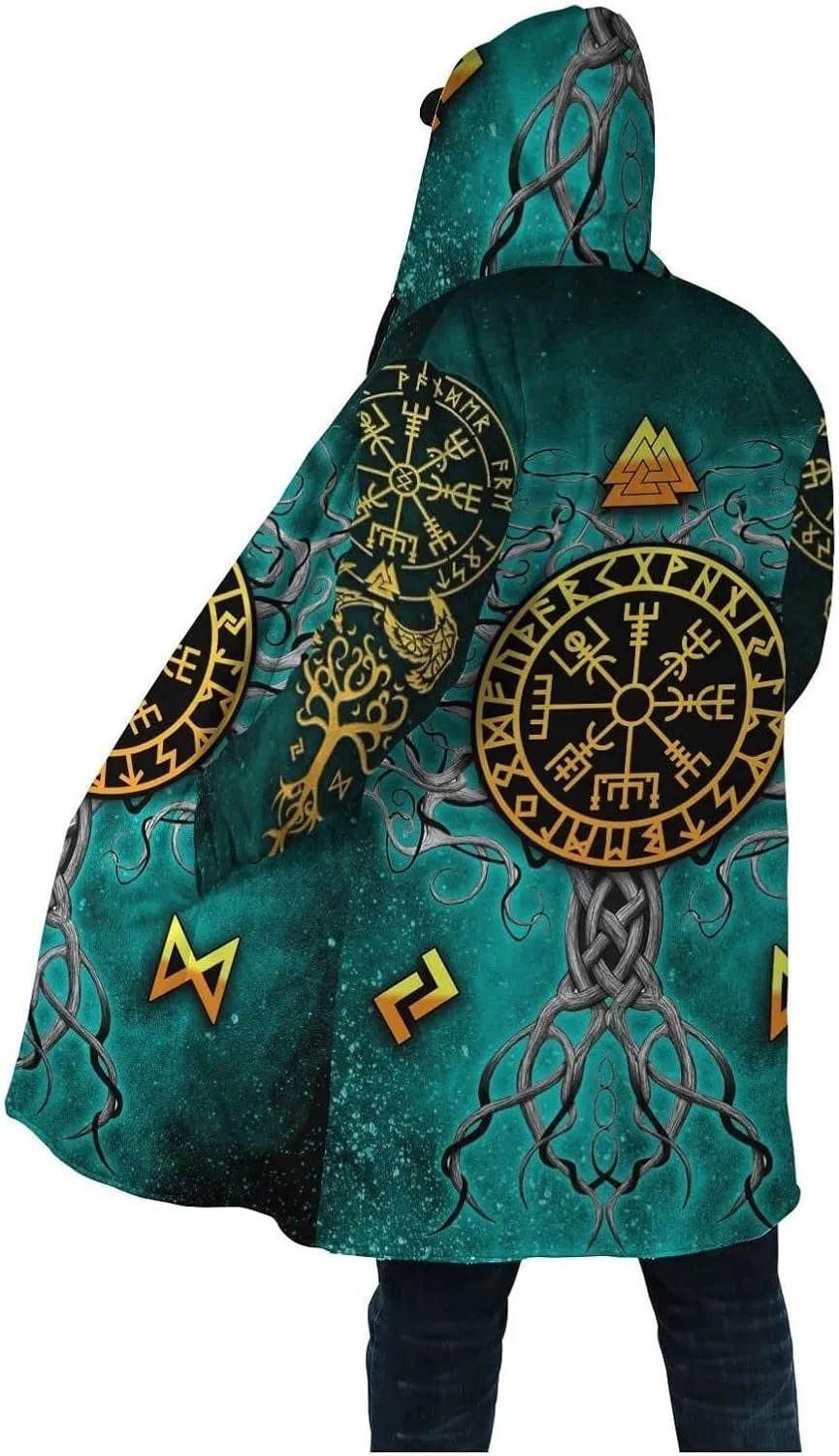 Viking Tree of Life Men's Hooded Cloak, Web of Destiny Tattoo Winter Warm Cashmere Coat, Horn Buckle Parka Casual Jacket Robe