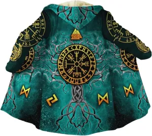 Viking Tree of Life Men's Hooded Cloak, Web of Destiny Tattoo Winter Warm Cashmere Coat, Horn Buckle Parka Casual Jacket Robe