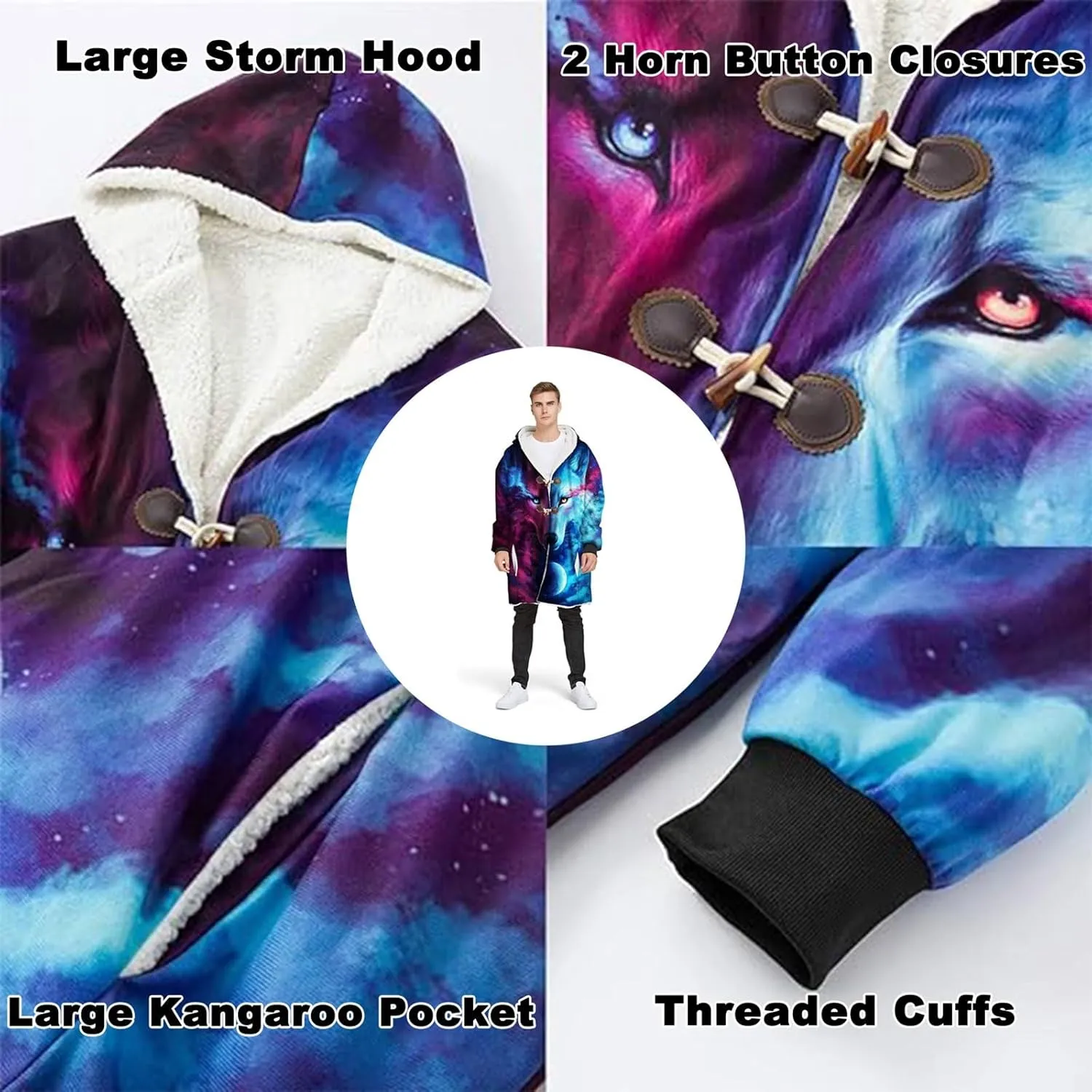 Viking Tree of Life Men's Hooded Cloak, Web of Destiny Tattoo Winter Warm Cashmere Coat, Horn Buckle Parka Casual Jacket Robe