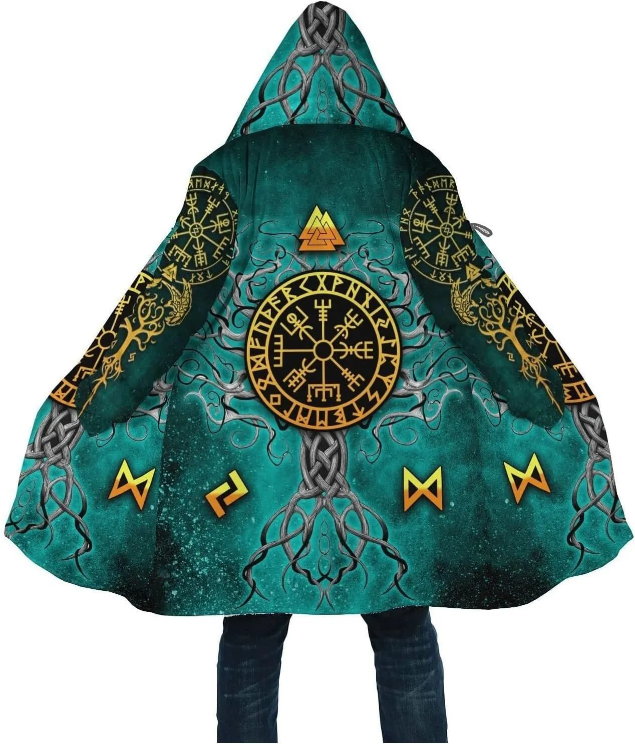 Viking Tree of Life Men's Hooded Cloak, Web of Destiny Tattoo Winter Warm Cashmere Coat, Horn Buckle Parka Casual Jacket Robe