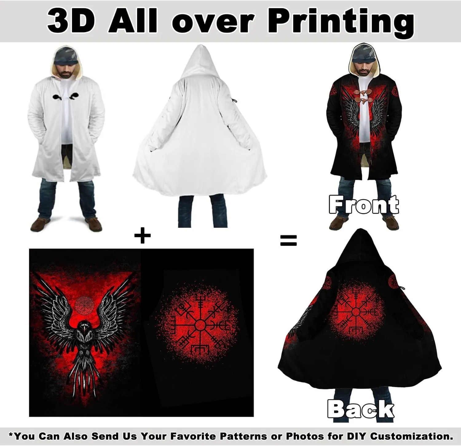 Viking Tree of Life Men's Hooded Cloak, Web of Destiny Tattoo Winter Warm Cashmere Coat, Horn Buckle Parka Casual Jacket Robe