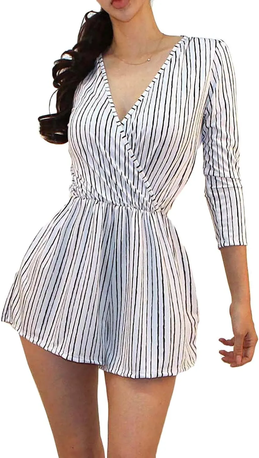 Vivicastle Women's USA Printed V-Neck 3/4 Sleeve Faux Wrap Waist Tie Romper Jumpsuit