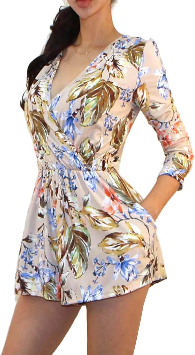 Vivicastle Women's USA Printed V-Neck 3/4 Sleeve Faux Wrap Waist Tie Romper Jumpsuit