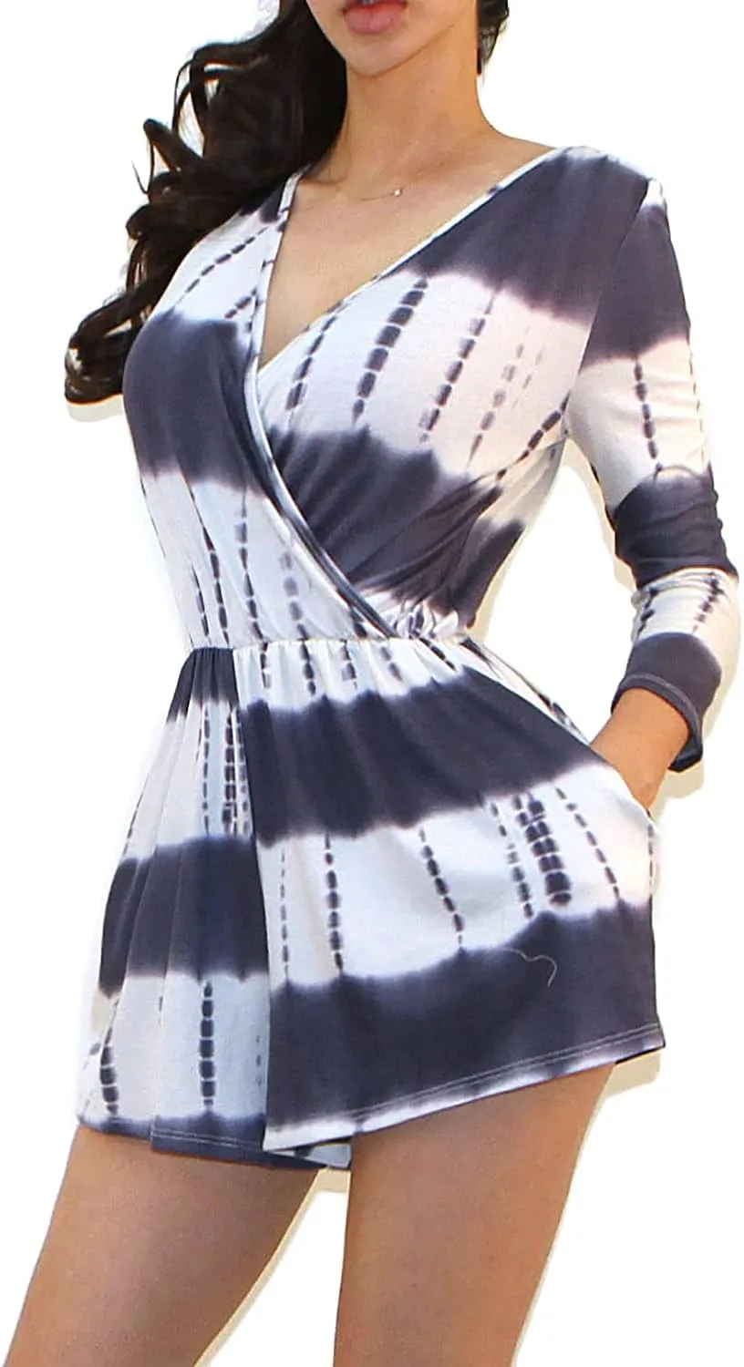 Vivicastle Women's USA Printed V-Neck 3/4 Sleeve Faux Wrap Waist Tie Romper Jumpsuit