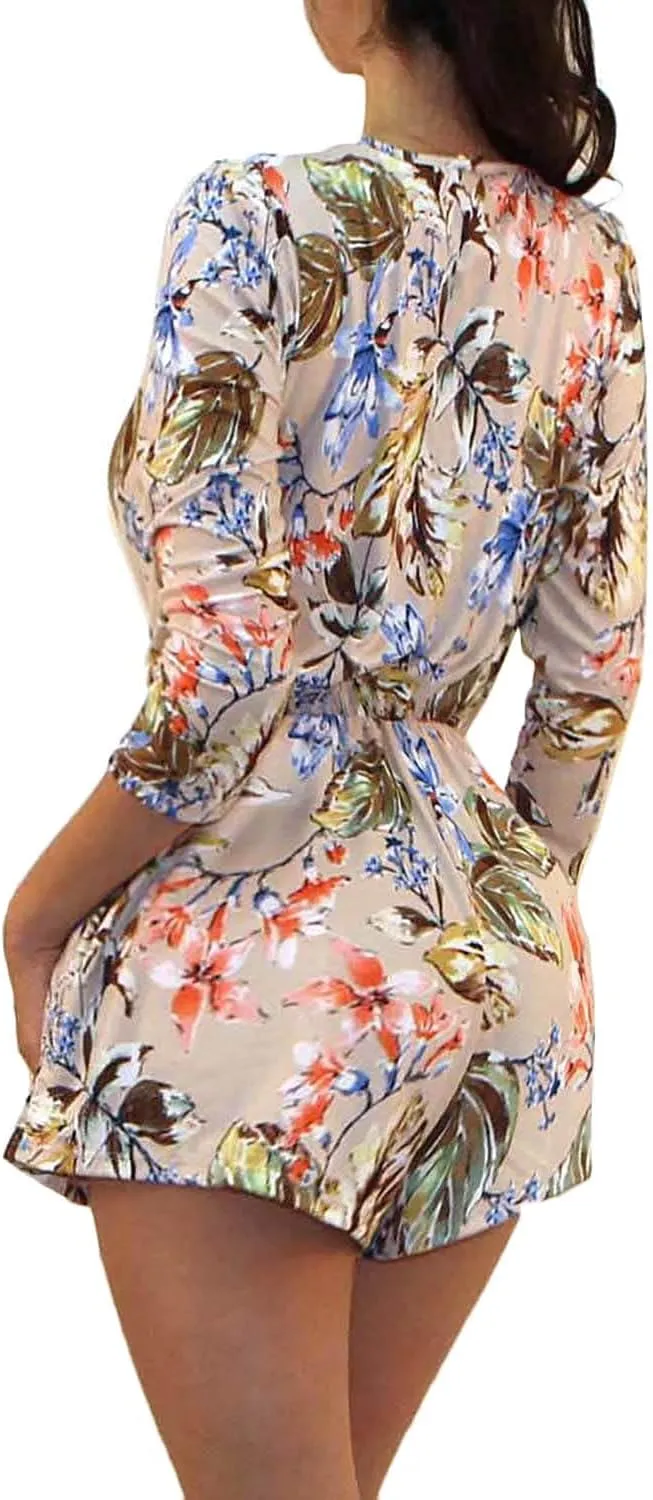 Vivicastle Women's USA Printed V-Neck 3/4 Sleeve Faux Wrap Waist Tie Romper Jumpsuit